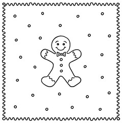 sweet cookie  gingerbread man with smily face icing and buttons black and white linear vector food centerpiece illustration isolated on white dotted background