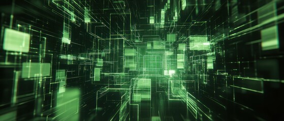 Obraz premium Abstract digital landscape with green glowing blocks, representing data flow and technology.