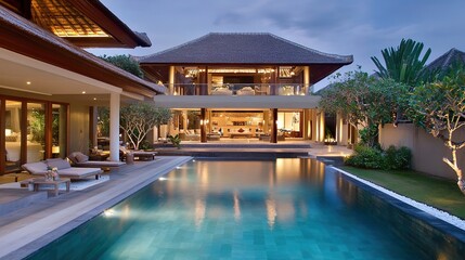 Fototapeta premium A magnificent beachfront villa, nestled along the shore, with stunning ocean views and a luxurious, tranquil atmosphere, perfect for a serene getaway.