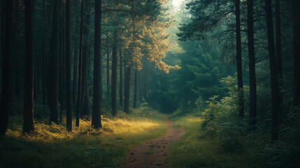 Obraz premium Forest path meanders through tall, dense trees, illuminated by warm golden sunlight. The lush greenery and soft light create a peaceful atmosphere, perfect for a serene walk