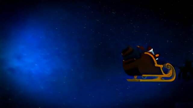 Santa Claus en el cielo sobre su trineo con renos y luna de fondo.