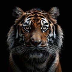 Fototapeta premium A close-up of a majestic tiger's face with striking features and intense gaze against a dark background, Ideal for wildlife conservation campaigns, educational materials, or as captivating wall art,