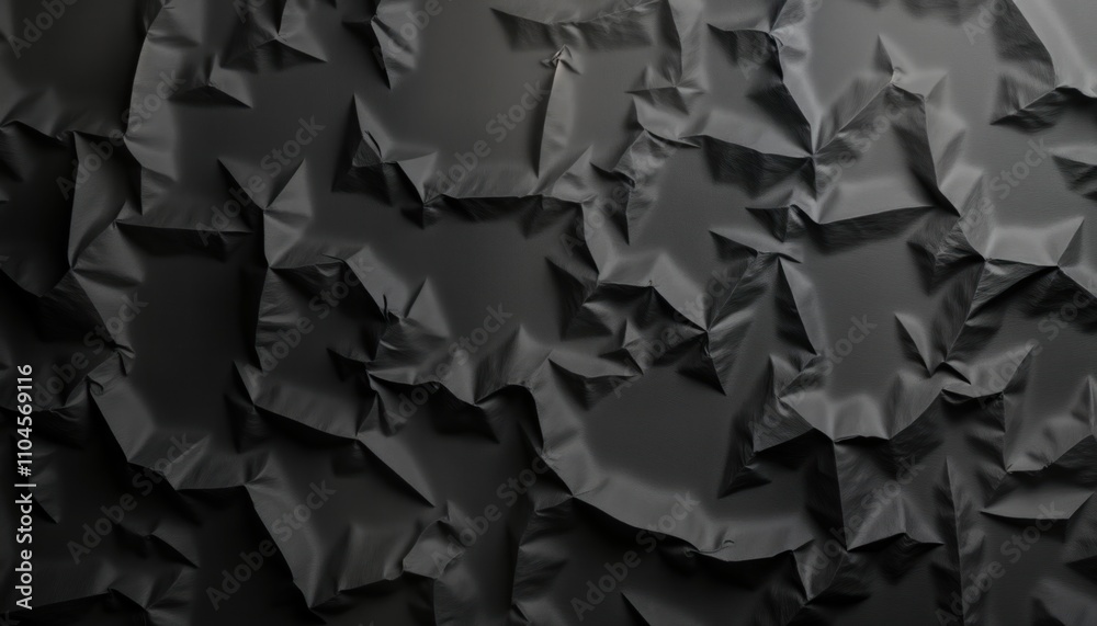 Poster dark crumpled black paper texture creates abstract design. black paper overlay with folds, creases. 
