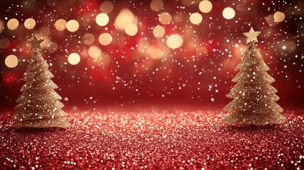 Sparkling Gold Christmas Trees on Glimmering Red Background with Blurred Bokeh Lights, Creating a Festive and Joyful Atmosphere for Holiday Celebrations