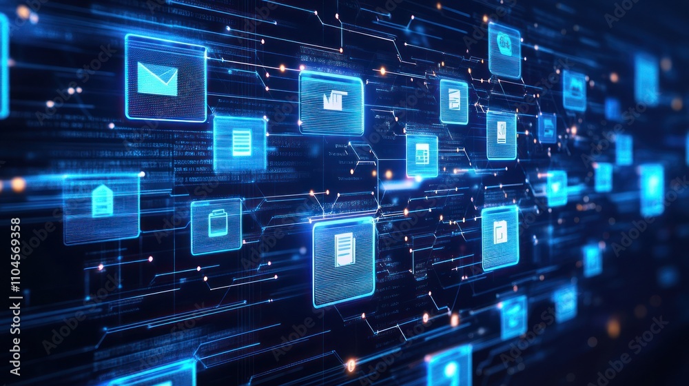 Poster digital interface with glowing icons representing communication and data management.