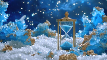 Mesmerizing Hourglass Surrounded by Sparkling Blue Crystals and Ethereal Background, Capturing the Essence of Time and Nature's Beauty in a Dreamlike Setting