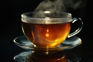 A steaming cup of tea sits elegantly on a reflective surface, showcasing bubbles and a warm amber hue, This soothing image is perfect for wellness, relaxation, and culinary content,