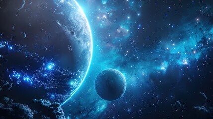 A vibrant cosmic scene featuring planets, stars, and nebulae in a deep space setting.