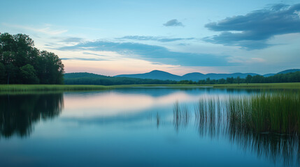 Fototapeta premium Tranquil waters of a lake reflect the soft colors of twilight, surrounded by rolling mountains and verdant grass. The scene captures the peaceful essence of nature in a rural setting