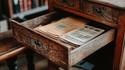 A wooden drawer filled with old papers and documents, suggesting a vintage study or office.