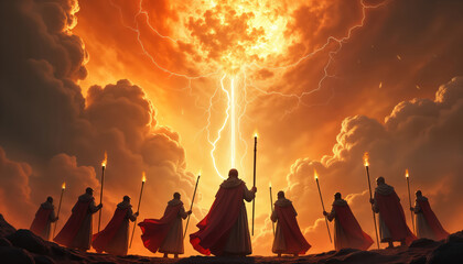Vatican guardians in medieval robes face divine clash with demonic viruses. AI-powered staffs glow with mystic energy. Vibrant epic renaissance painting. Futuristic clash of faith, tech. Powerful