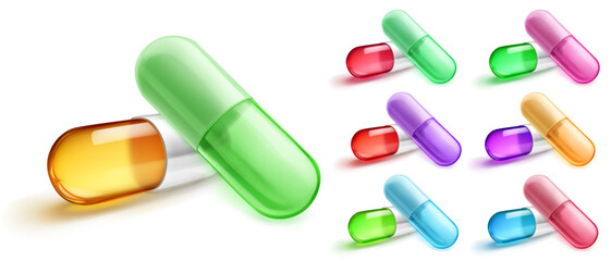Set of vibrant, translucent capsules in various colors, including green, orange, red, purple, and blue, with soft shadows, on a white background