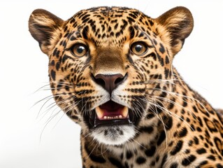 Fototapeta premium Close-up of a majestic leopard showcasing its striking features, vivid fur pattern, and expressive eyes, perfect for wildlife documentaries, educational materials, and animal conservation campaigns,