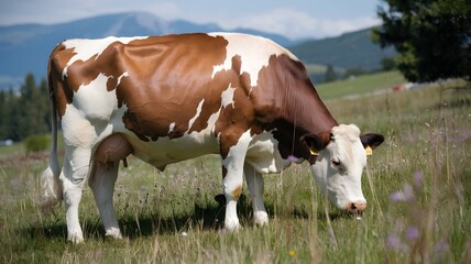 A brown and white cow grazing in a field with mountains