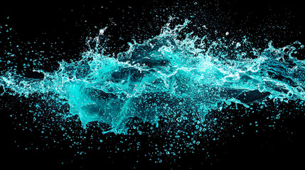 Glowing turquoise water particles dance in the darkness, creating a mesmerizing display of light and movement