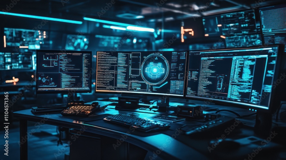 Poster a high-tech control room with multiple screens displaying data and analytics.