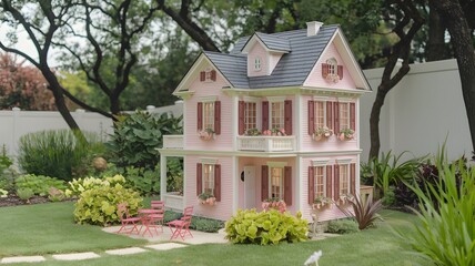 There is a charming pink and white doll house situated in a backyard