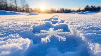 Close-Up of a Snowflake Imprinted in Winter Snow with a Stunning Sunrise in the Background Creating a Beautiful and Serene Winter Landscape