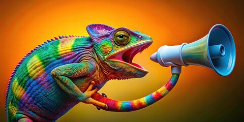 Vibrant chameleon holding a megaphone on a colorful gradient background