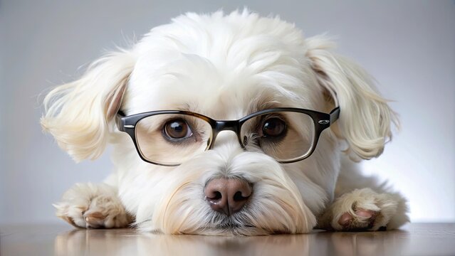 Cute bichon maltese dog with reading glasses resting head on a surface, adorable, fluffy, pet, canine, intelligent, glasses, smart
