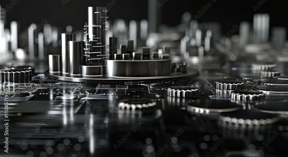 Wall mural futuristic cityscape with metallic structures on a digital circuit board, emphasizing technology and
