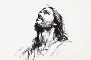 Hand-drawn black and white artistic sketch of Jesus Christ gazing upward with a serene and peaceful expression on a plain white background