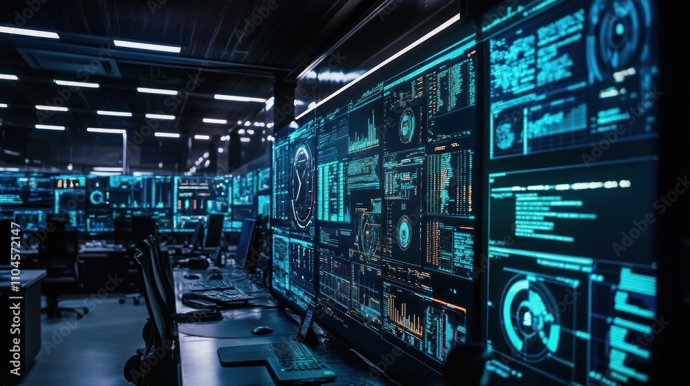 Poster a high-tech control room filled with data screens and monitors displaying complex information.