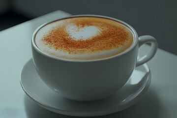 Fototapeta premium A warm cup of cappuccino with a heart design on frothy milk.