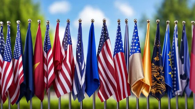 Unity and diversity in international flags displayed outdoors