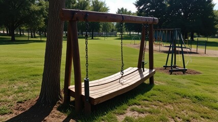 Wooden swing bench in park.