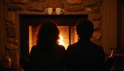 Obraz premium Silhouette of a couple sitting together in front of a glowing fireplace with two mugs on the mantel, creating a cozy and romantic atmosphere, ideal for winter or holiday content