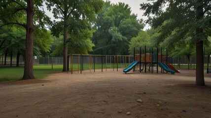Fototapeta premium Empty playground with slides and swings in a park.