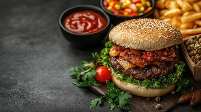 Fast food delivery menu with delicious burger, fries, and colorful salad prepared for quick service dining experience