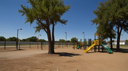 Sunny playground with slides, sand, and trees.