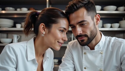 Naklejka premium Close-up of two chefs in a professional kitchen sharing a thoughtful moment, wearing white uniforms, surrounded by clean plates, perfect for teamwork or culinary partnership themes