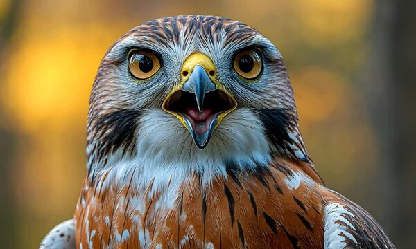 A close-up of a hawk with an open beak, showcasing its striking features and colors.