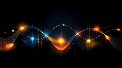 Colorful waves flow smoothly across a dark background, symbolizing sound and frequency. The vibrant lights create a dynamic and energetic visual experience suitable for artistic exploration.