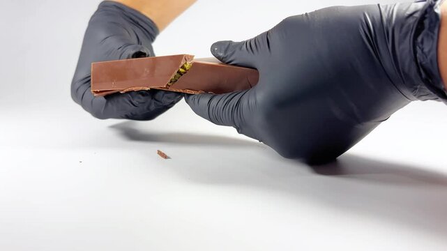 Black-gloved hands cracking Dubai chocolate