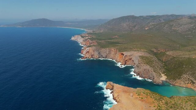 Aerial view on Cala Domestica Beach and landscape around. Sardinia, Italy