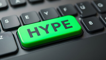 Close up green button with word HYPE, on black keyboard. Creative background, copy space. Concept magic button, hype, popularity, epotazh, relevance isolated with white highlights, png