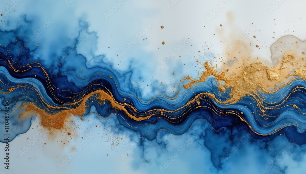 Poster abstract art design. blue and gold marbling texture. liquid paint style. waves and patterns. elegant