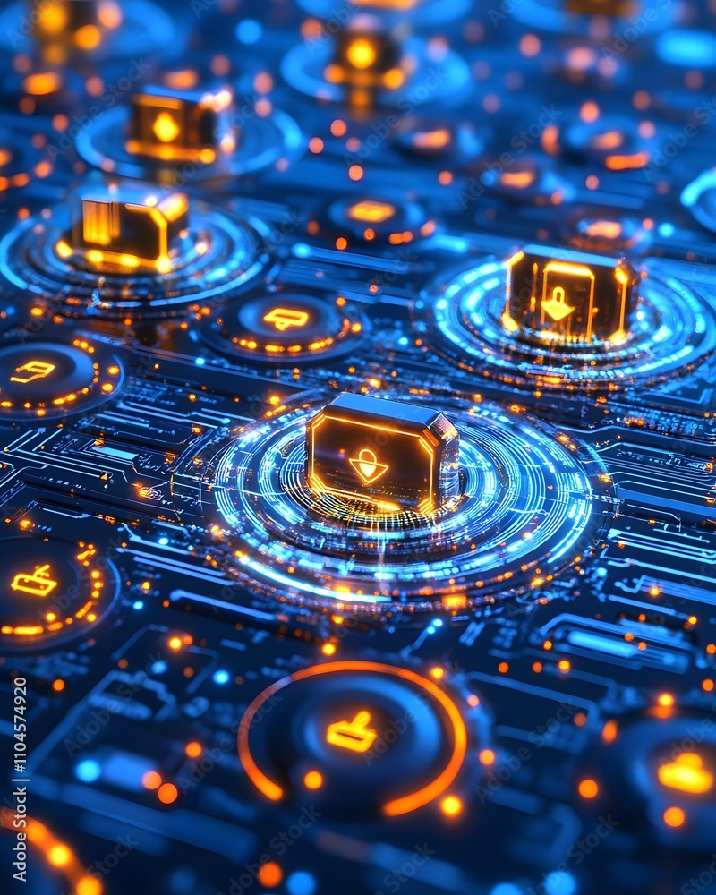 Poster digital interface with glowing icons and circuits representing technology and connectivity.