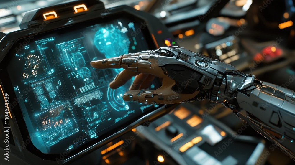 Poster a robotic hand interacts with a high-tech interface displaying data and graphics.