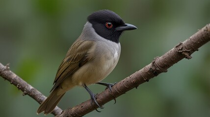 Small bird with black cap and red eyes perched on a branch.
