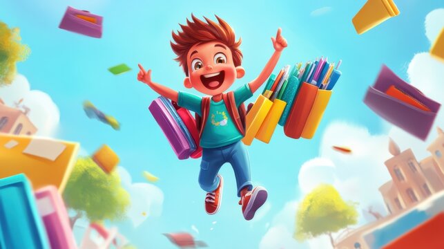 Joyful child jumping with school supplies and colorful books