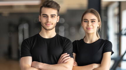 Dynamic duo a striking male and female athlete pose confidently together in a vibrant gym setting.