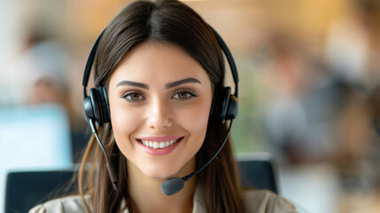 Young, happy customer service agent with a headset, providing excellent support in a modern call center environment.