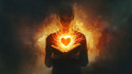 Person Reading Book With Fiery Heart Inside