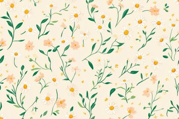 Floral pattern with delicate flowers and leaves in soft pastel colors, perfect for fabric design and digital backgrounds. Nature-inspired concept.
