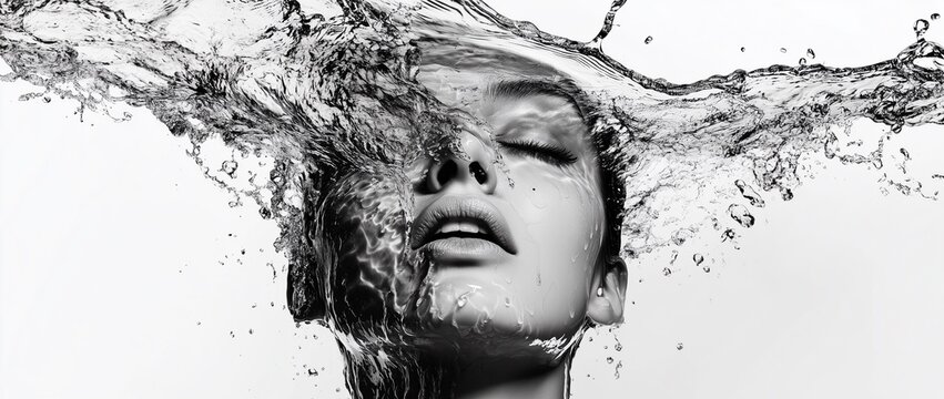 21:9 Aspect Ratio Abstract Photo of Woman with Flowing Hair in a Dreamlike, Wind-Swept Monochrome Portrait